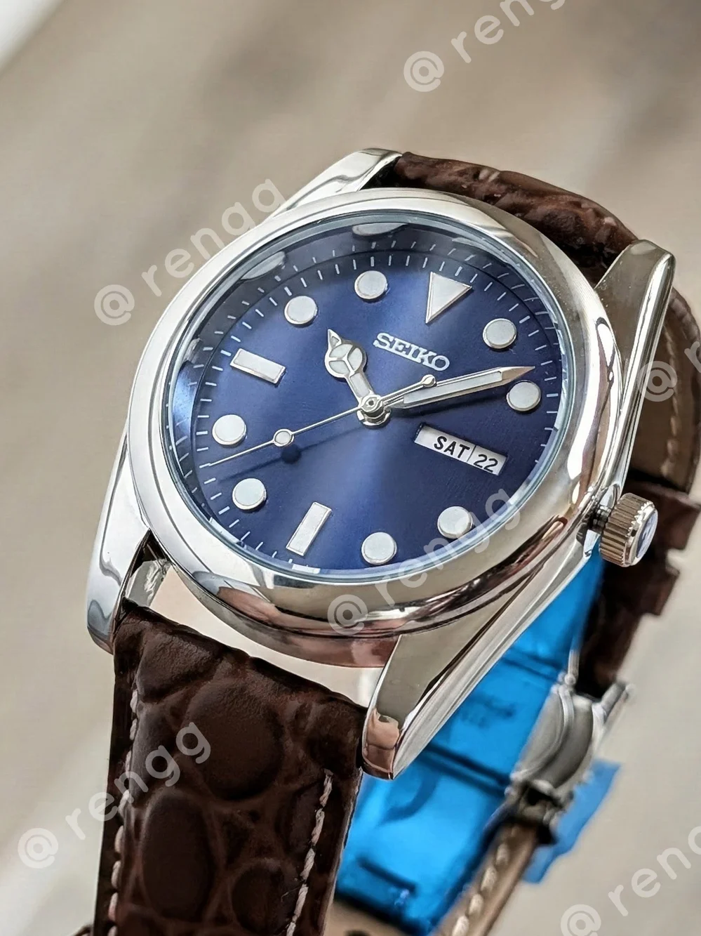 37mm Seiko Blue Dial Brown Leather Strap Mens Mod Dress Watch
